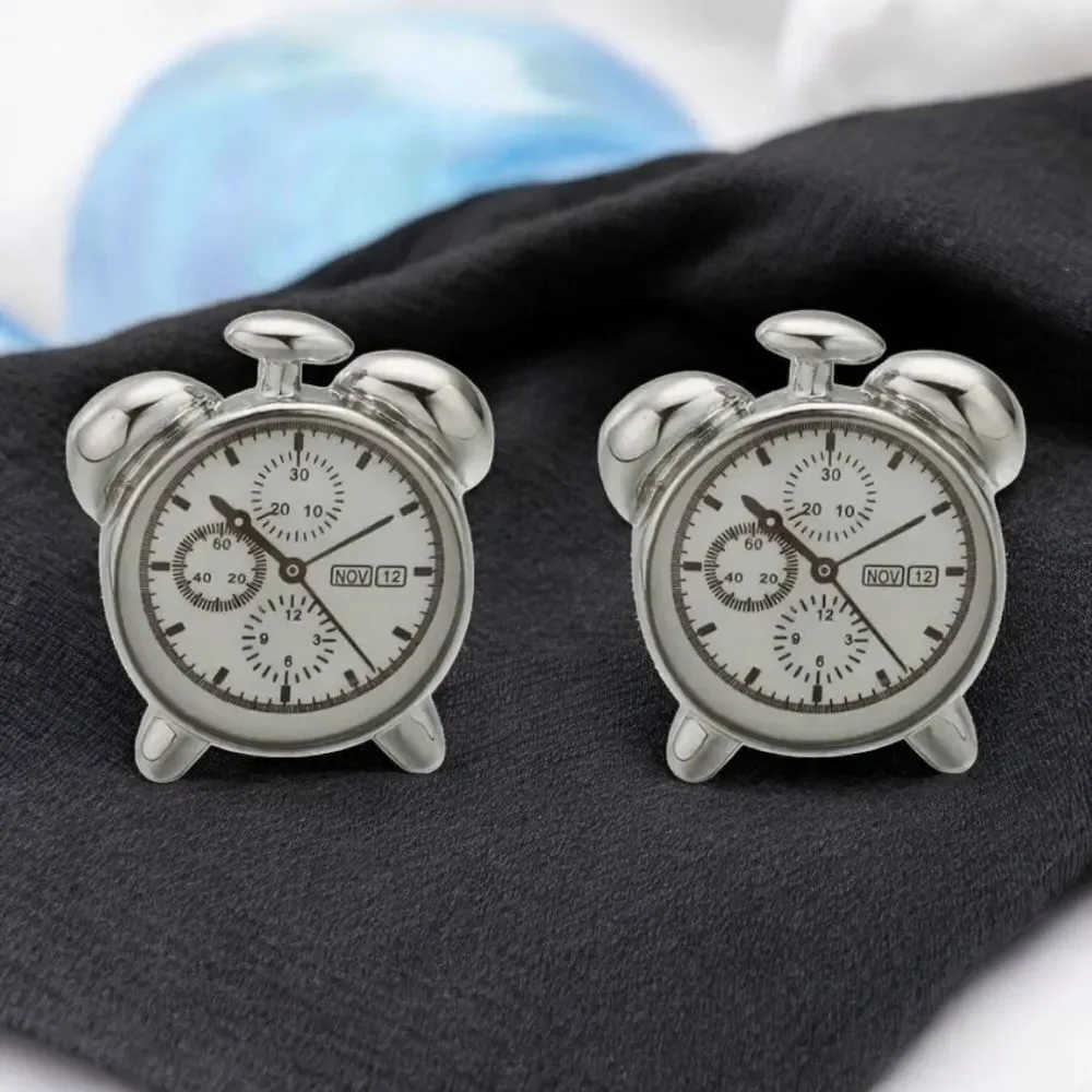 Vintage Alarm Clock Cufflinks Analog Twin Bell Silver Novelty Chronograph Formal